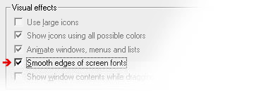Activate 'Smooth edges of screen fonts': Windows 98 SE